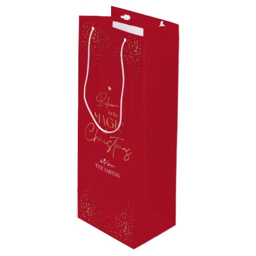 Elegant Gold Glitter Red Family Name Christmas Wine Gift Bag