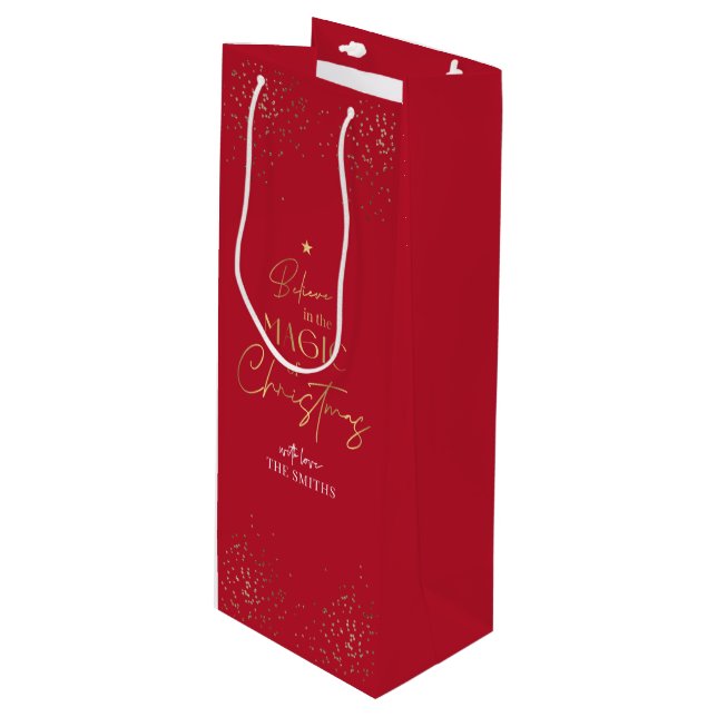 Elegant Gold Glitter Red Family Name Christmas Wine Gift Bag (Front Angled)