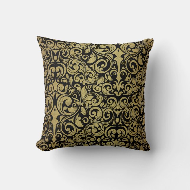 Elegant Gold Glitter Royal Black Damask Throw Pillow (Front)