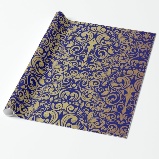 Elegant Gold Glitter Royal Blue Damask Wrapping Paper (Unrolled)
