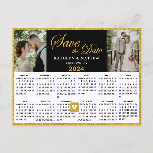 Elegant Gold Glitter Script 2 Photo Save the Date Announcement Postcard