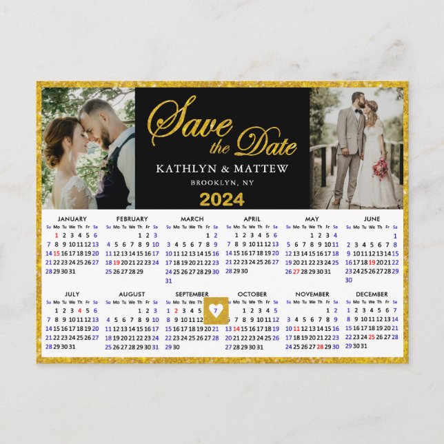 Elegant Gold Glitter Script 2 Photo Save the Date Announcement Postcard (Front)