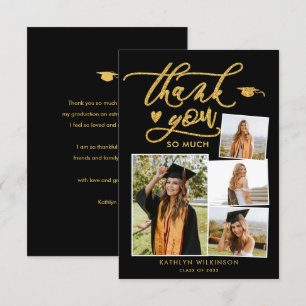 Elegant Gold Glitter Script Black Graduation Thank You Card