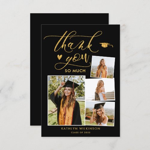 Elegant Gold Glitter Script Black Graduation Thank You Card