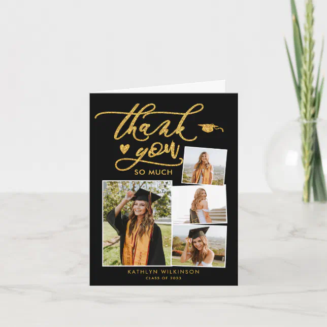 Elegant Gold Glitter Script Black Photo Graduation Thank You Card | Zazzle