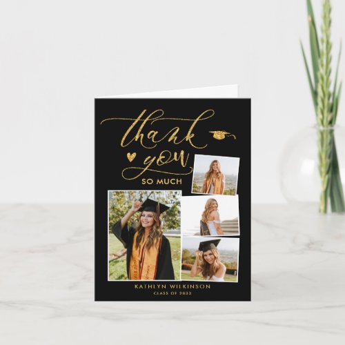 Elegant Gold Glitter Script Black Photo Graduation Thank You Card