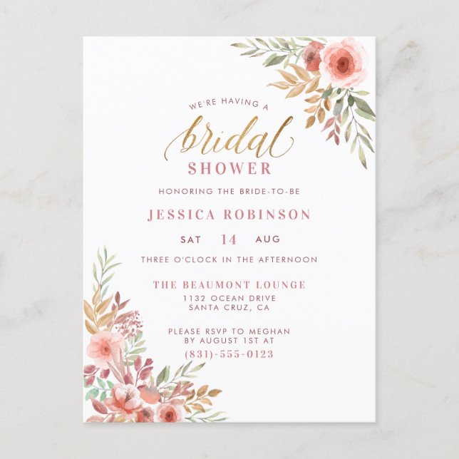 Elegant Gold Glitter Script Floral Bridal Shower Invitation Postcard (Front)