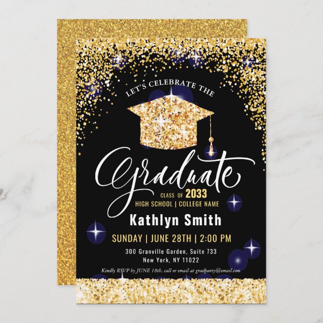 Elegant Gold Glitter Script Graduation Invitation (Front/Back)