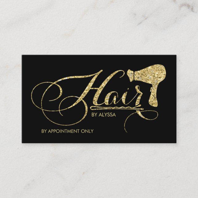 Elegant Gold Glitter Script Hair Stylist Appointment Card (Front)