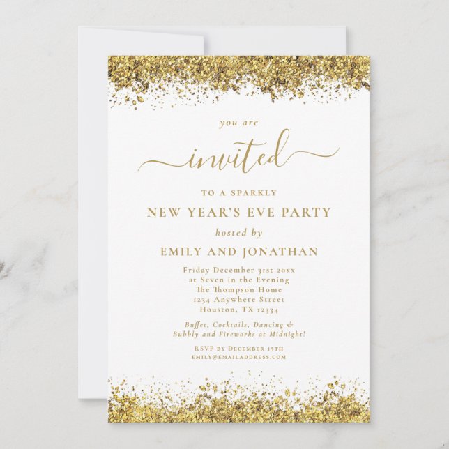 Elegant Gold Glitter Script New Years Eve Party Invitation (Front)