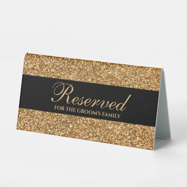Elegant Gold Glitter Script Wedding Reserved Table Tent (Front)