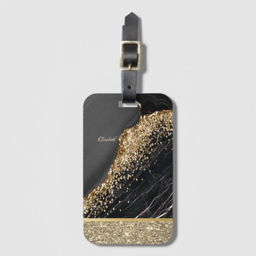 Elegant Gold Glitter Sequins Black Marble  Luggage Tag
