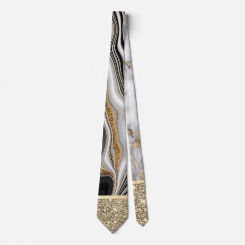 Elegant Gold Glitter Shiny White Black Marble Neck Tie