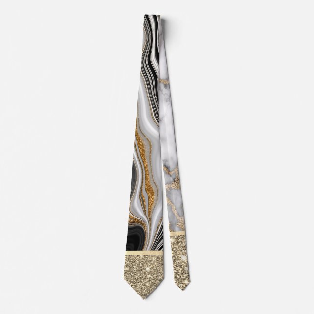Elegant Gold Glitter Shiny White Black Marble Neck Tie (Front)