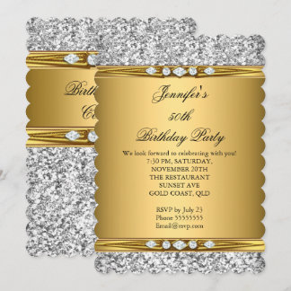 Elegant Gold Glitter Silver Diamond Birthday Party Invitation
