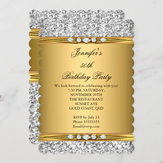 Elegant Gold Glitter Silver Diamond Birthday Party Invitation | Zazzle