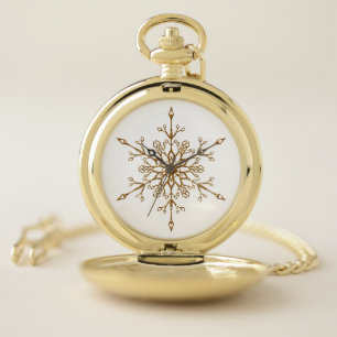 Elegant Gold Glitter Snowflake Christmas Holiday Pocket Watch