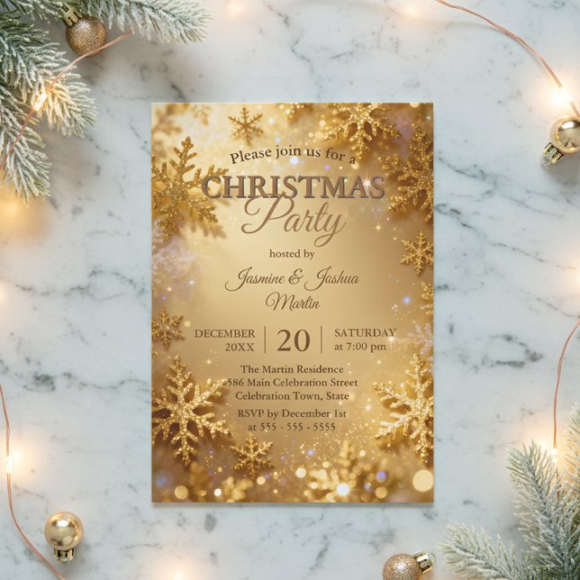 Elegant Gold Glitter Snowflake Christmas Party Invitation (Creator Uploaded)