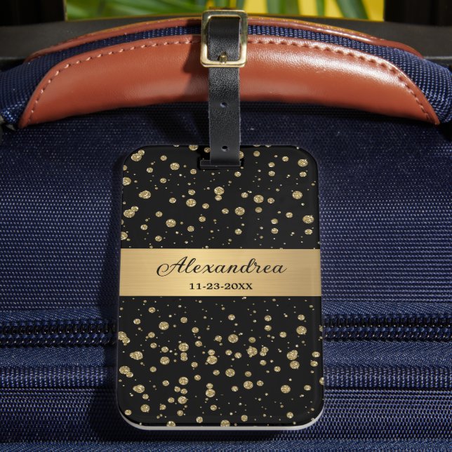 Elegant Gold Glitter Sparkle Black Personalize Luggage Tag (Front Insitu 2)