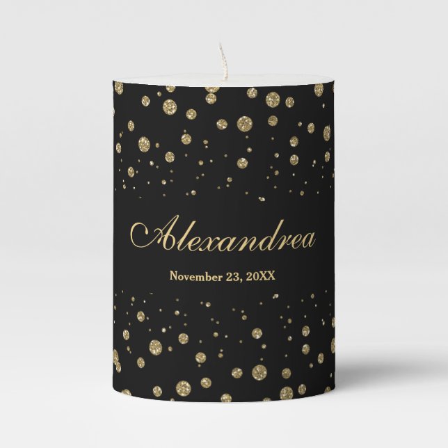 Elegant Gold Glitter Sparkle Black Personalize Pillar Candle (Front)