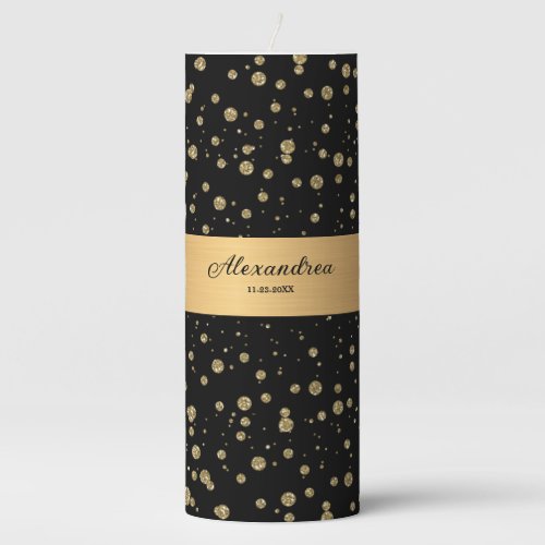 Elegant Gold Glitter Sparkle Black Personalize Pillar Candle