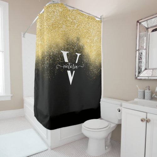 Elegant Gold Glitter Sparkle Monogram Black Custom Shower Curtain