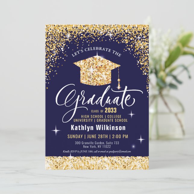 Elegant Gold Glitter Sparkling Graduation Party Invitation (Standing Front)