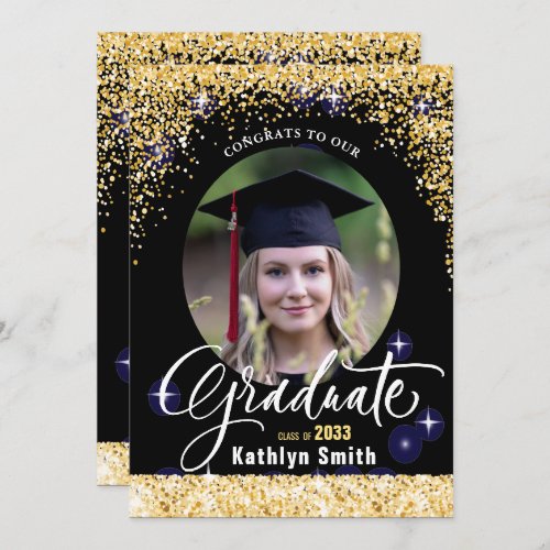 Elegant Gold Glitter Sparkling Photo Graduation Announcement