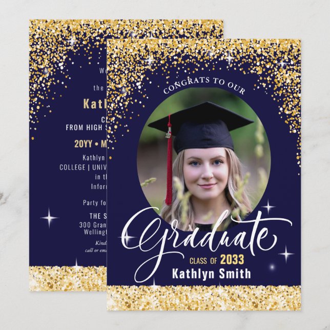 Elegant Gold Glitter Sparkling Photo Graduation  Announcement (Front/Back)