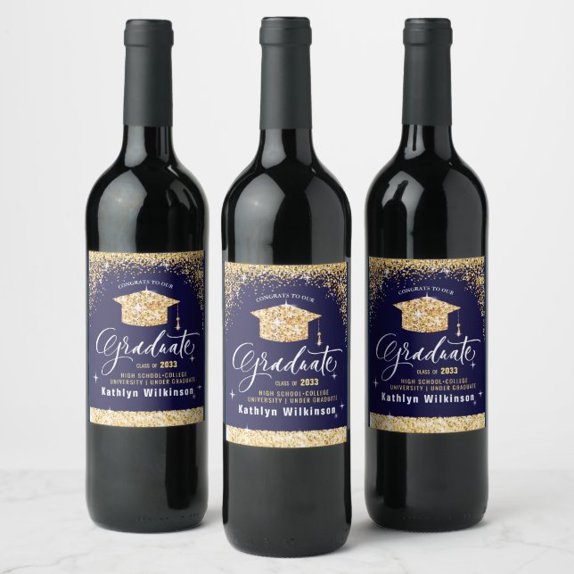 Elegant Gold Glitter Sparkling Photo Graduation Wine Label (Bottles)