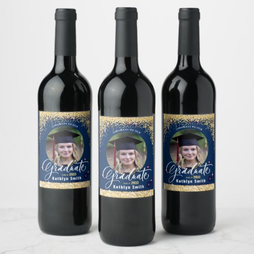 Elegant Gold Glitter Sparkling Photo Graduation  Wine Label