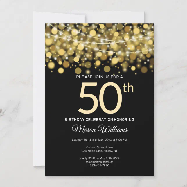 Elegant Gold Glitter String lights 50th birthday Invitation | Zazzle