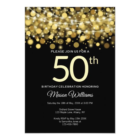 Elegant Gold Glitter String lights 50th birthday Invitation | Zazzle.com