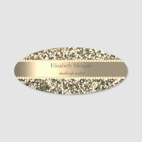Elegant Gold Glitter Stripe Pearls Name Tag