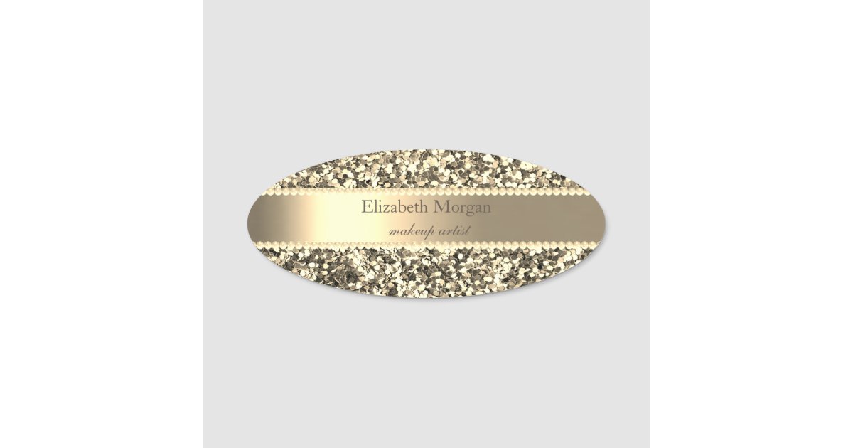 Elegant Gold Glitter ,Stripe, Pearls Name Tag Zazzle