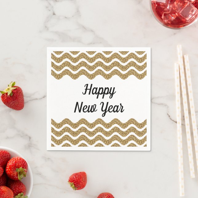 Elegant Gold Glitter Stripes Happy New Year  Napkins (Insitu)