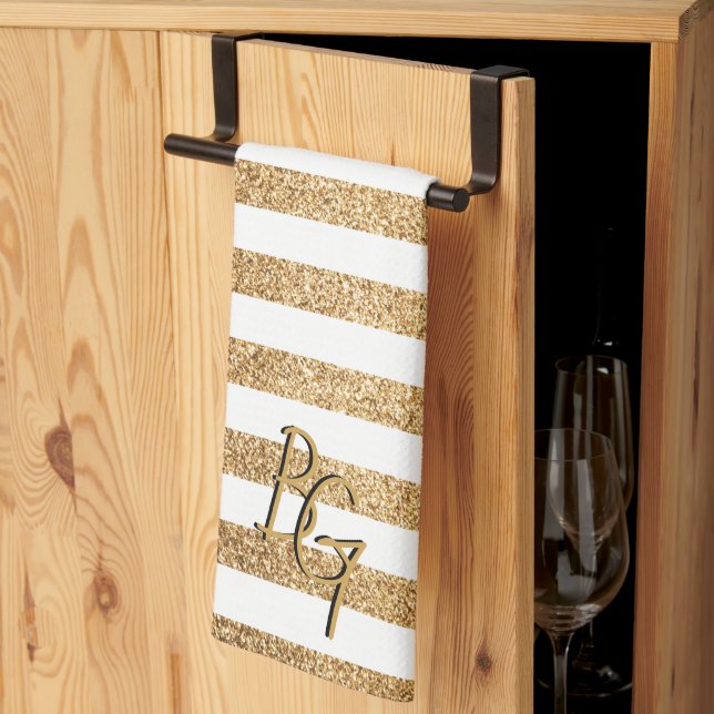 Elegant Gold Glitter Stripes with Initials Kitchen Towel (Thirds Fold)