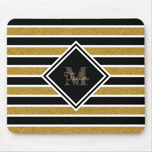 Elegant Gold Glitter Stripes with Name Monogram Mouse Pad