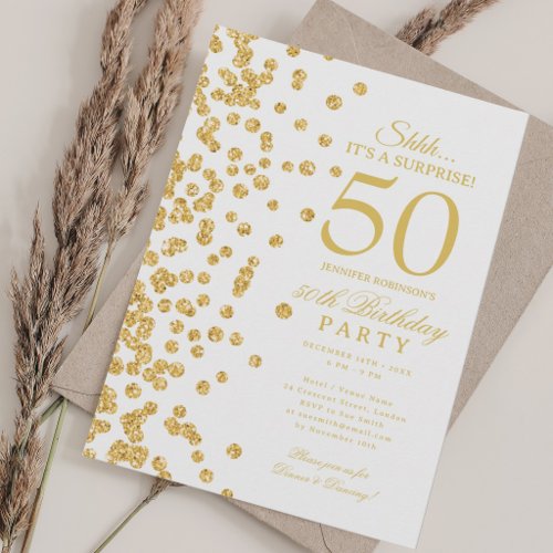 Elegant Gold Glitter Surprise 50th Birthday Invitation
