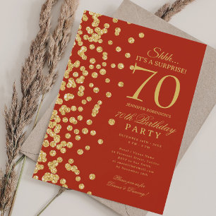 Elegant Gold Glitter Surprise 70th Birthday Red Invitation