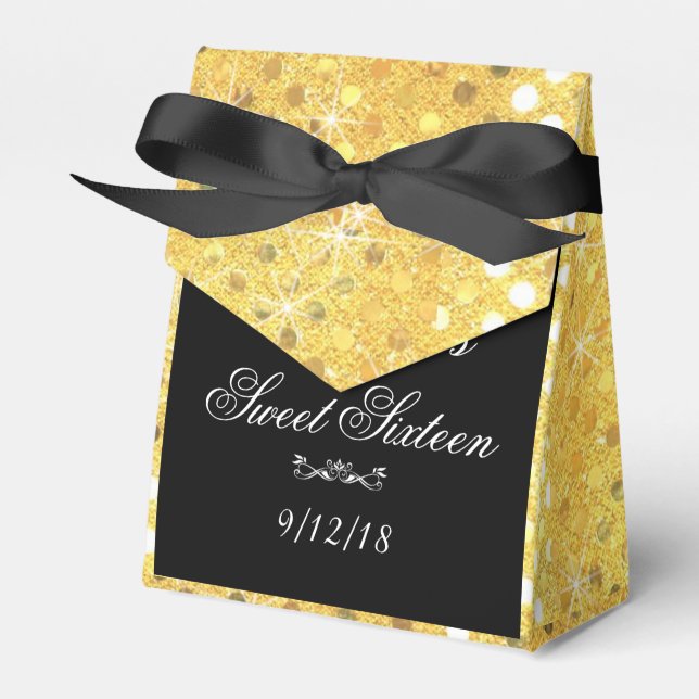 Elegant, Gold Glitter, Sweet 16, Custom Party Favor Boxes (Front Side)