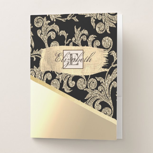 Elegant Gold Glitter Swirls ,Brush Stroke,Monogram Pocket Folder (Front)