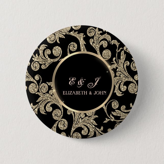 Elegant Gold Glitter Swirls Wedding Button (Front)