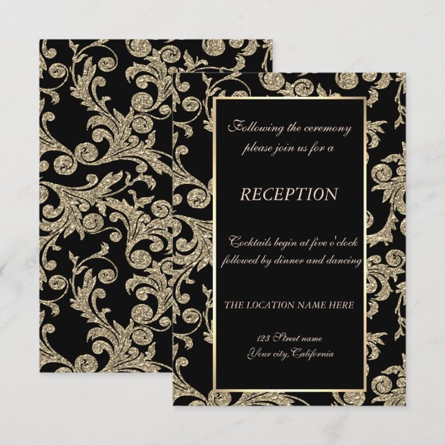 Elegant Gold Glitter Swirls Wedding Reception Invitation (Front/Back)