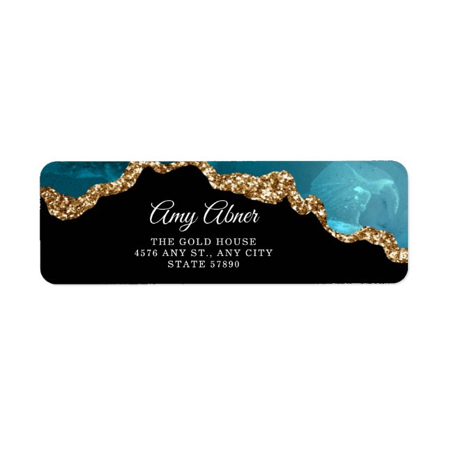 Elegant Gold Glitter Teal Agate Return Address Label (Front)