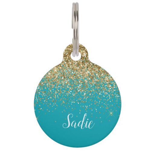 Elegant Gold Glitter Teal White Pet ID Tag