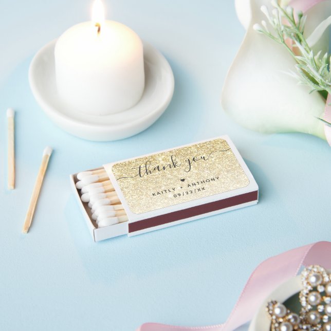 Elegant Gold Glitter Thank You Wedding Favor Matchboxes (Insitu)