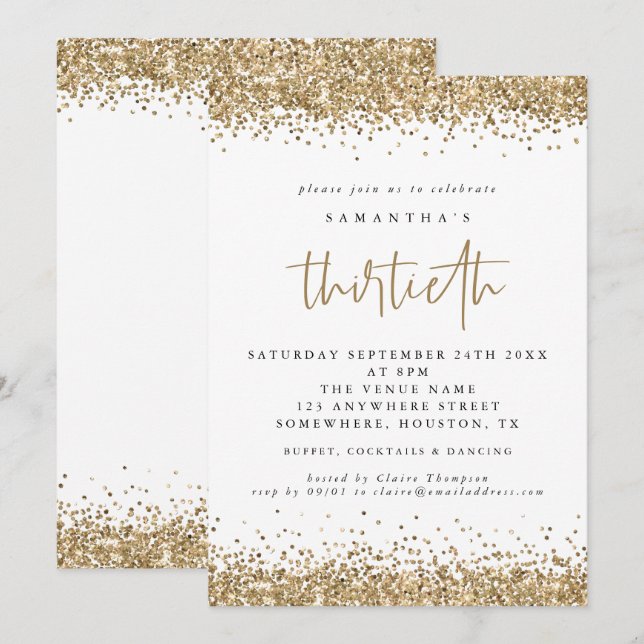Elegant Gold Glitter Thirtieth Party Invitation (Front/Back)
