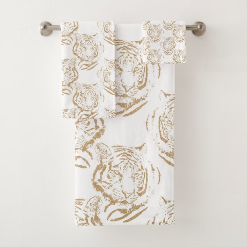 Elegant Gold Glitter Tiger Print White Design Bath Towel Set