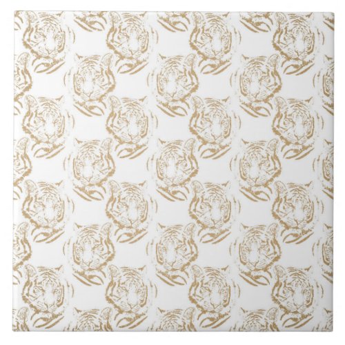 Elegant Gold Glitter Tiger Print White Design Ceramic Tile